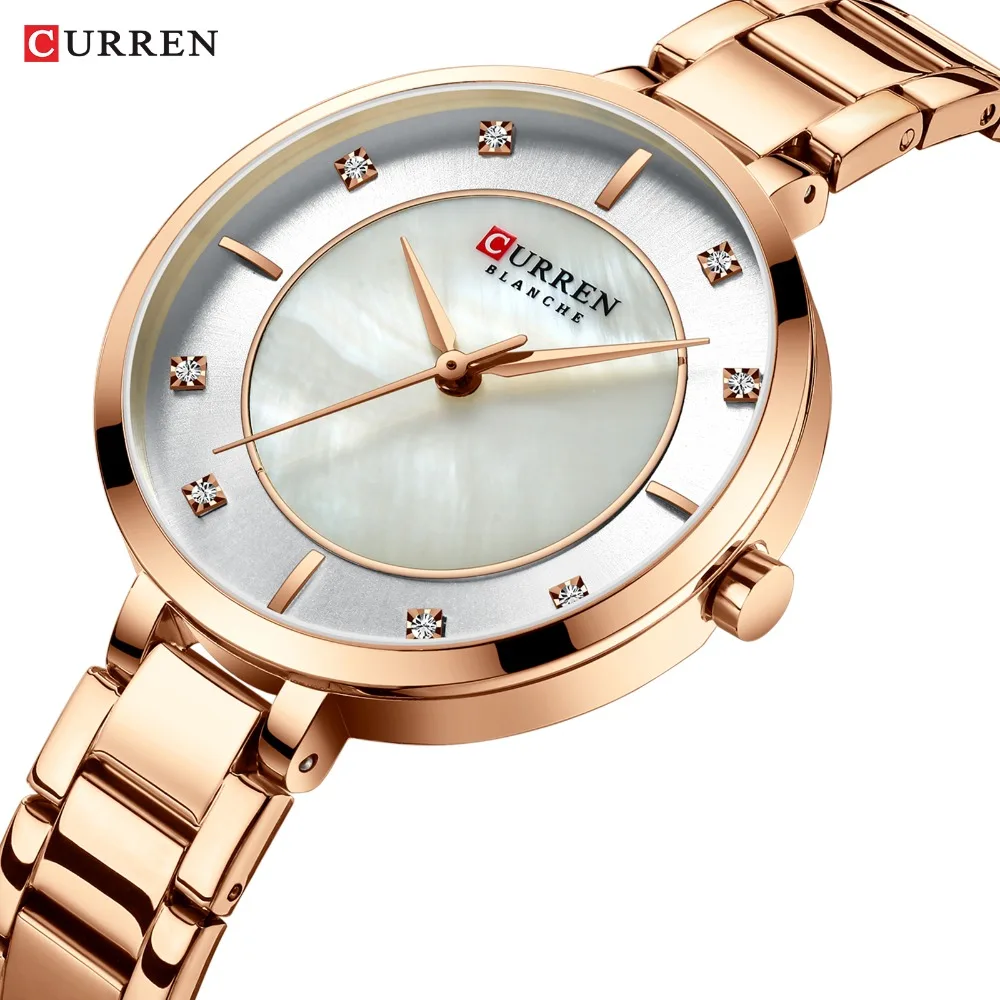 CURREN Ladies Watches Fashion Elegant Quartz Watch Women Dress Wristwatch with Rhinestone Set Dial Rose Gold Steel Band Clock