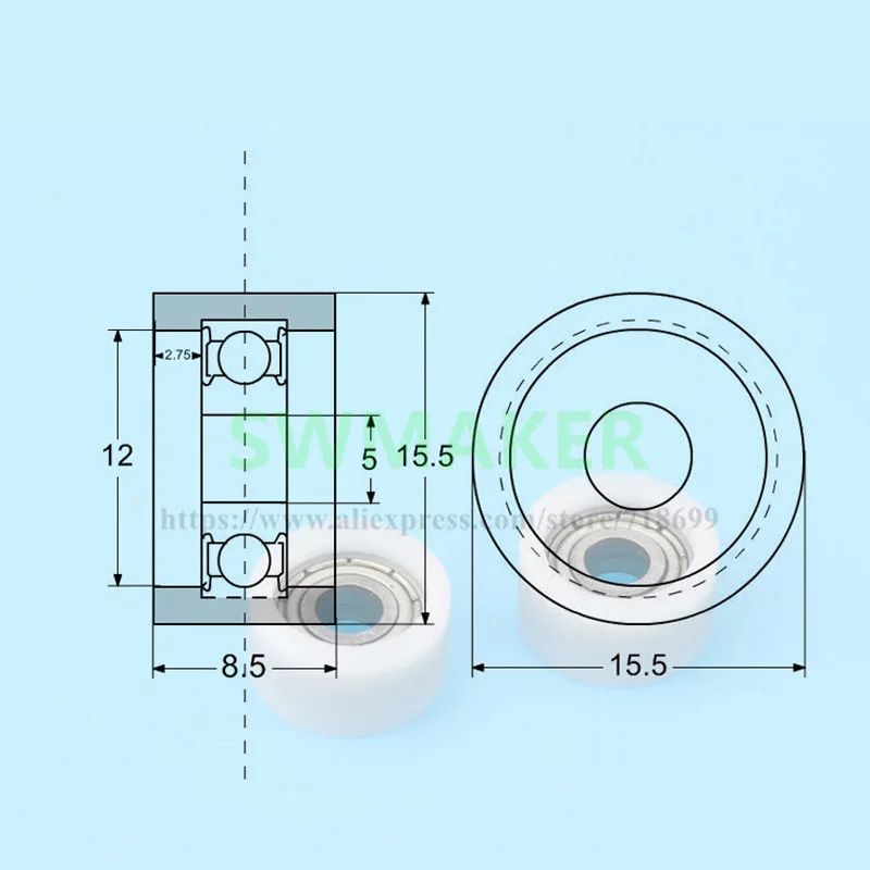1 Pcs 5*15.5*8.5 Mm F Datar Roda Karet Bearing, Pulley, Roda Kecil Roda