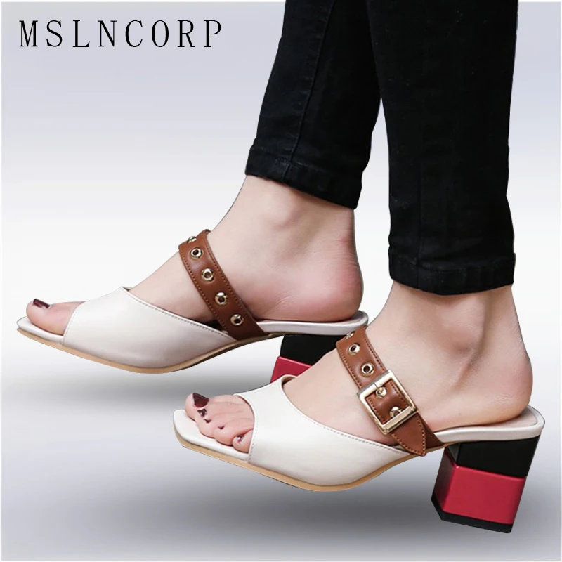 

Size 34-43 Summer Slippers Women Mules Ladies shoes Fashion Buckle Thick High heels sandals Mujer Slip on Dress Footwear Slides