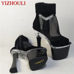 The new professional custom 17-18 cm square mesh fabric high-heeled shoes, hollow decoration open toe, heel high single shoes