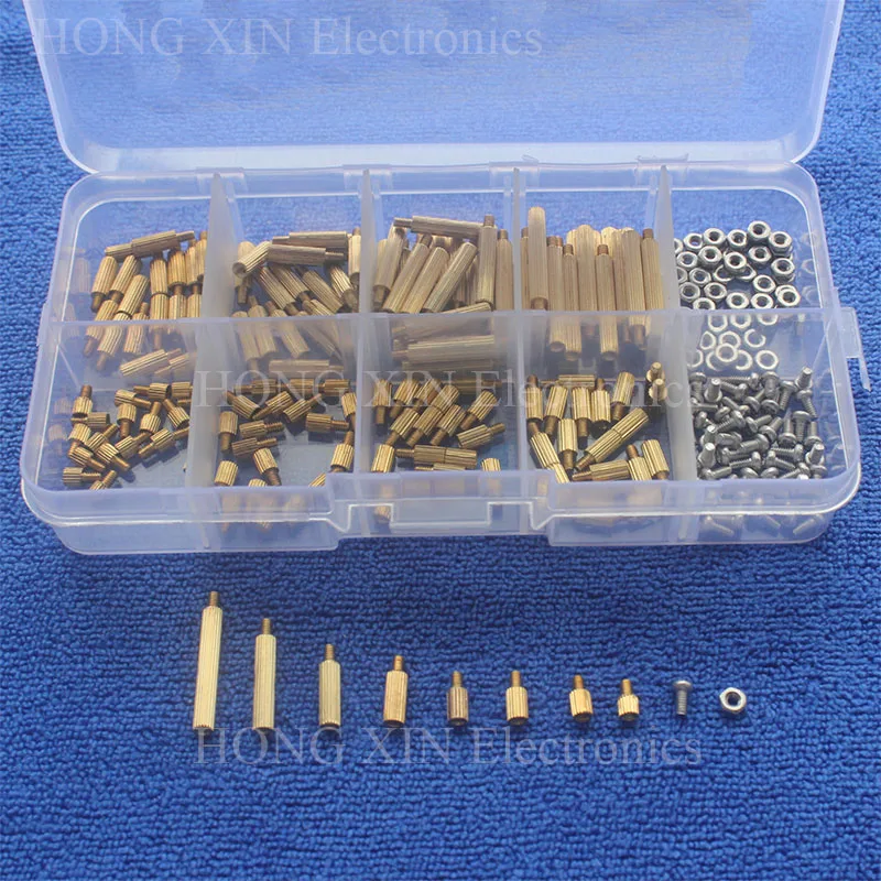 260Pcs/M2 PCB Threaded Brass Male Female Standoff Spacer Board Hex Screws Nut Assortment Box kit set with Plastic Box Hollow