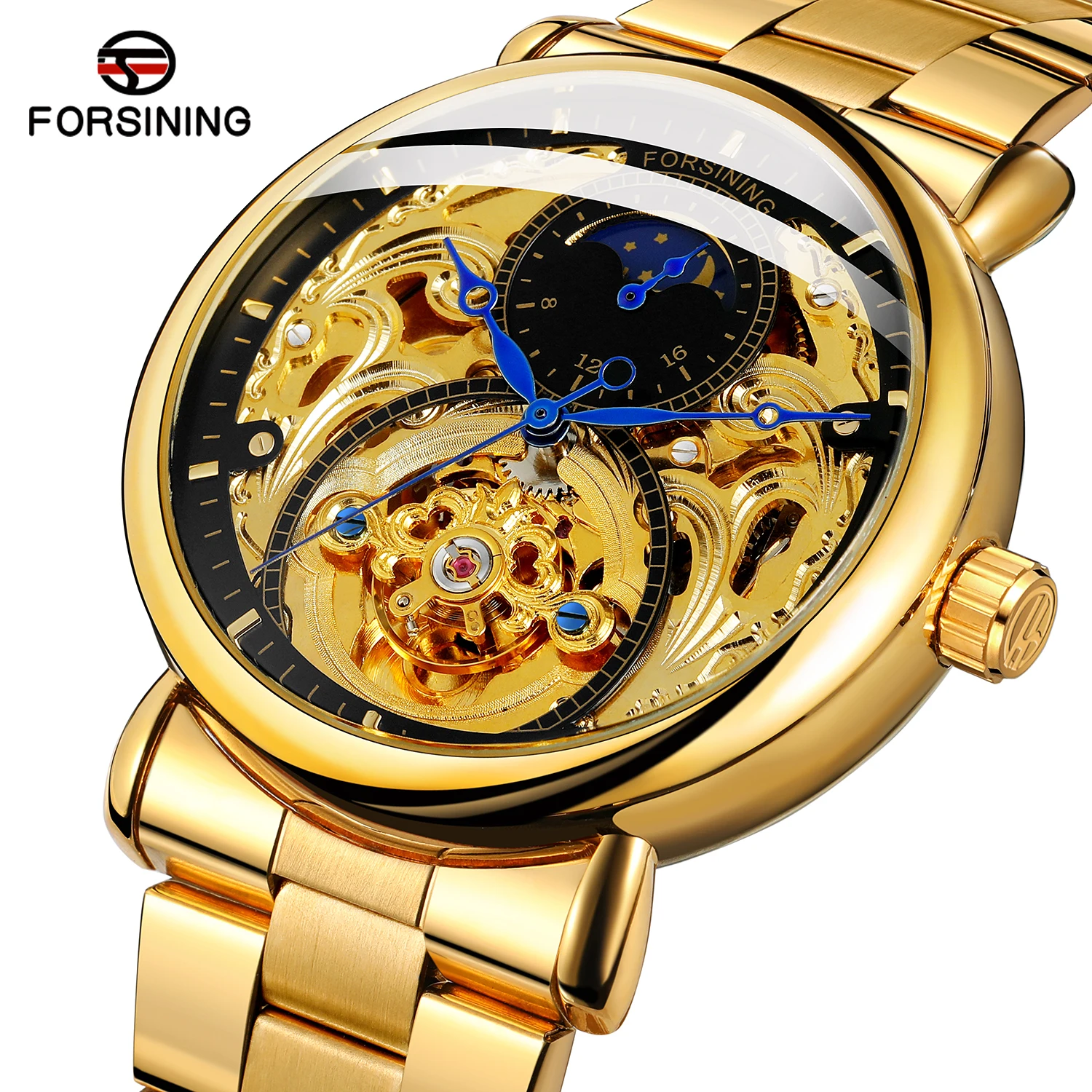 Forsining Brand Luxury Skeleton Automatic Mechanical Watch Men Full Golden Steel & Leather Man Business Sun Moon Display Clock