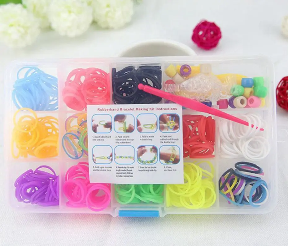 Panda Shaped Boxed Rubber Loom Bands Kit for Kids DIY Bracelets Mix Colorful Rubber Bands 2 Hook+1 Tool+12 S Clips Band Set