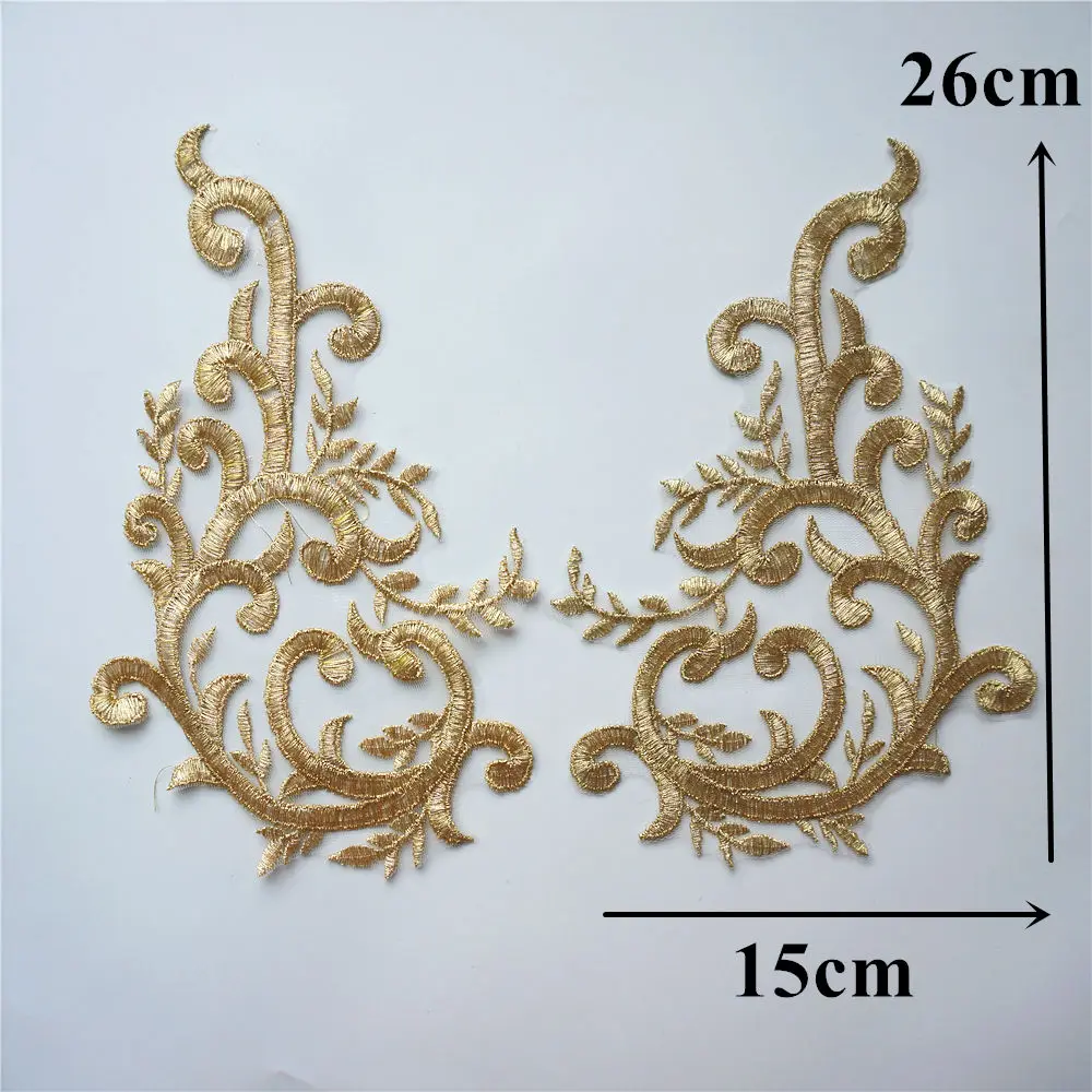 2PCS Gold Lace Fabric Flowers Branch Applique Embroidered Wedding Gown Collar Mesh Sew On Patches For Dress DIY Decoration