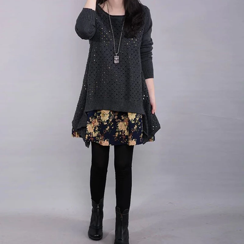 Autumn Winter Women\'s Long sleeve Knitted Floral Dress Loose Casual Party Dress