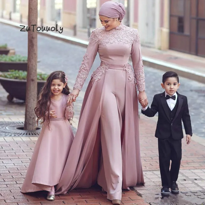 Arabic Dubai Jumpsuit Evening Dresses With Detachable Train Dusty Pink Muslim Prom Dress Long Sleeve High Neck Party Customized