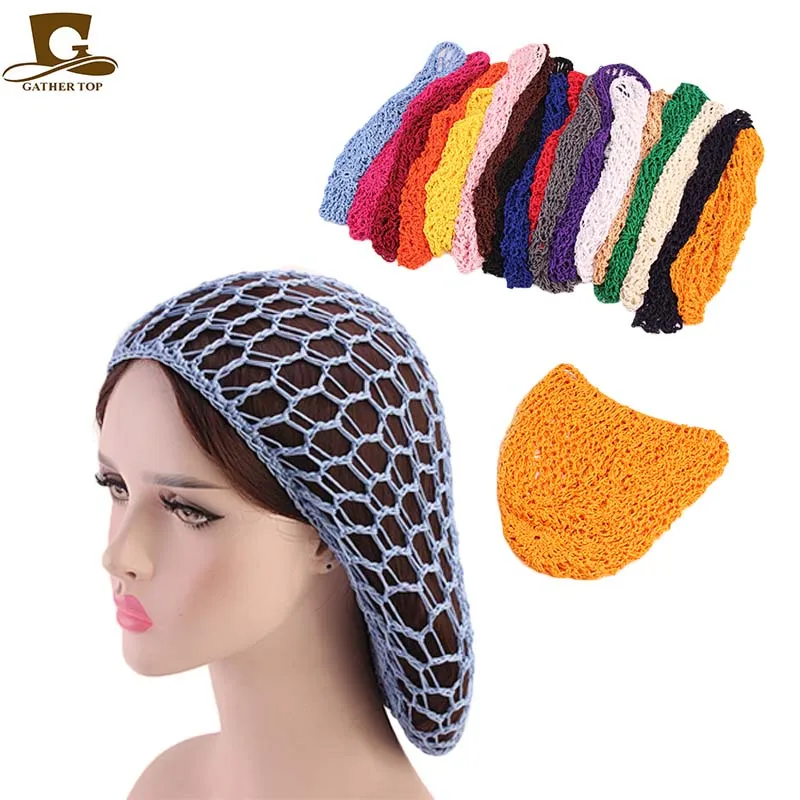 Nowe szerokie pasmo siatki Snood siatka do włosów opaski Lady Turban akcesoria do włosów kobiety miękkie Rayon szydełka Hairnet Oversize czapka z dzianiny Cap