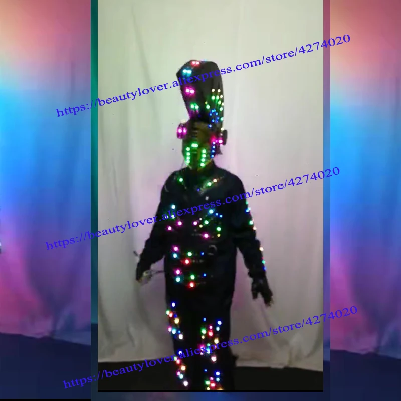 ชุดหุ่นยนต์ LED เสื้อผ้าเรืองแสงเครื่องแต่งกายหน้ากากหมวกกันน็อกส่องสว่างเสื้อผ้า Talent Show ผู้ชาย LED ชุด Future PARTY Dance Wear