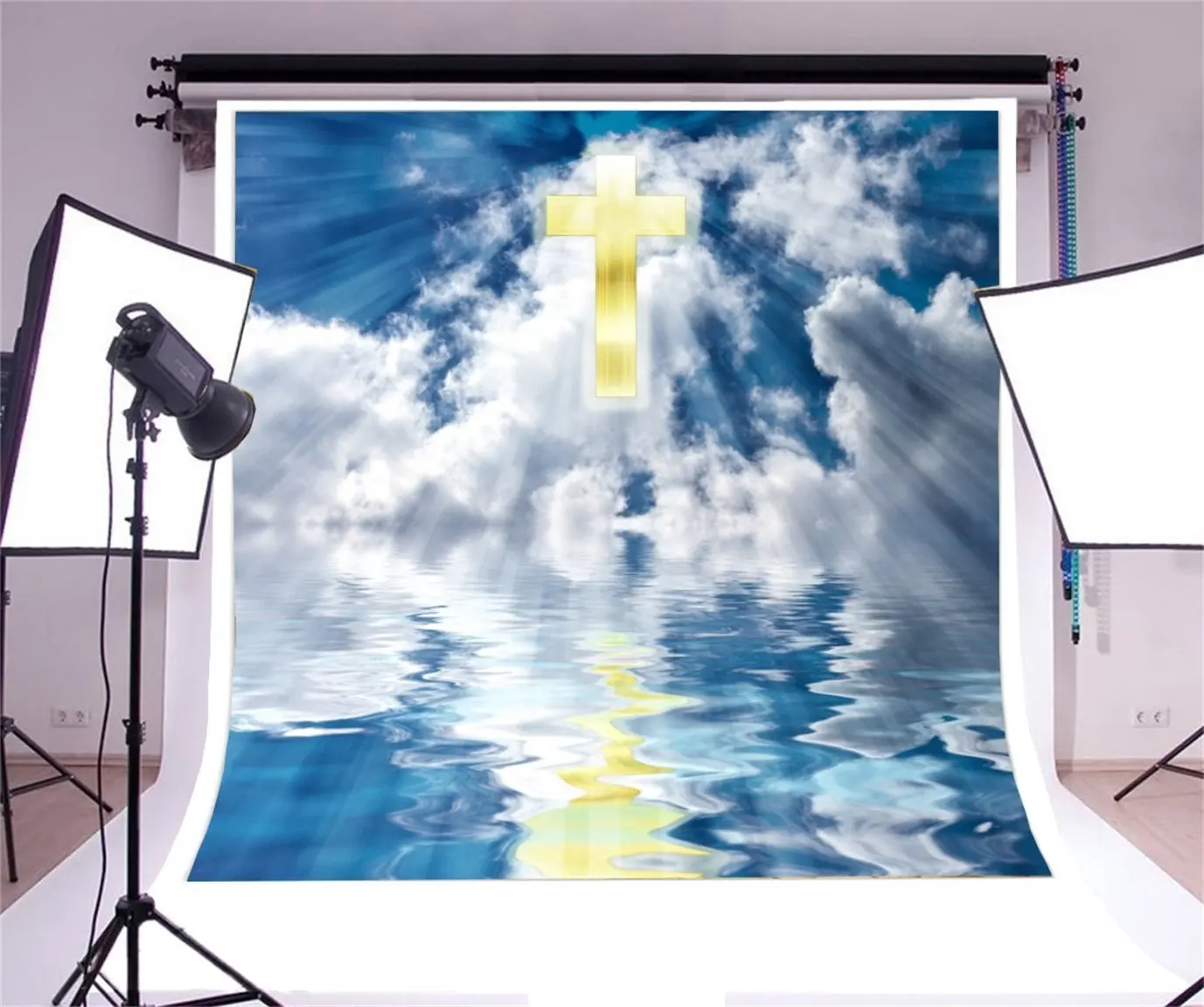 

Golden Cross Sky Sun-rays River Easter Jesus Christ photo backdrop polyester or Vinyl cloth Computer print wall Backgrounds