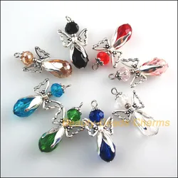 8 New Tibetan Silver Color Charms Mixed Crystal Angel Wings Pendants 18x34mm