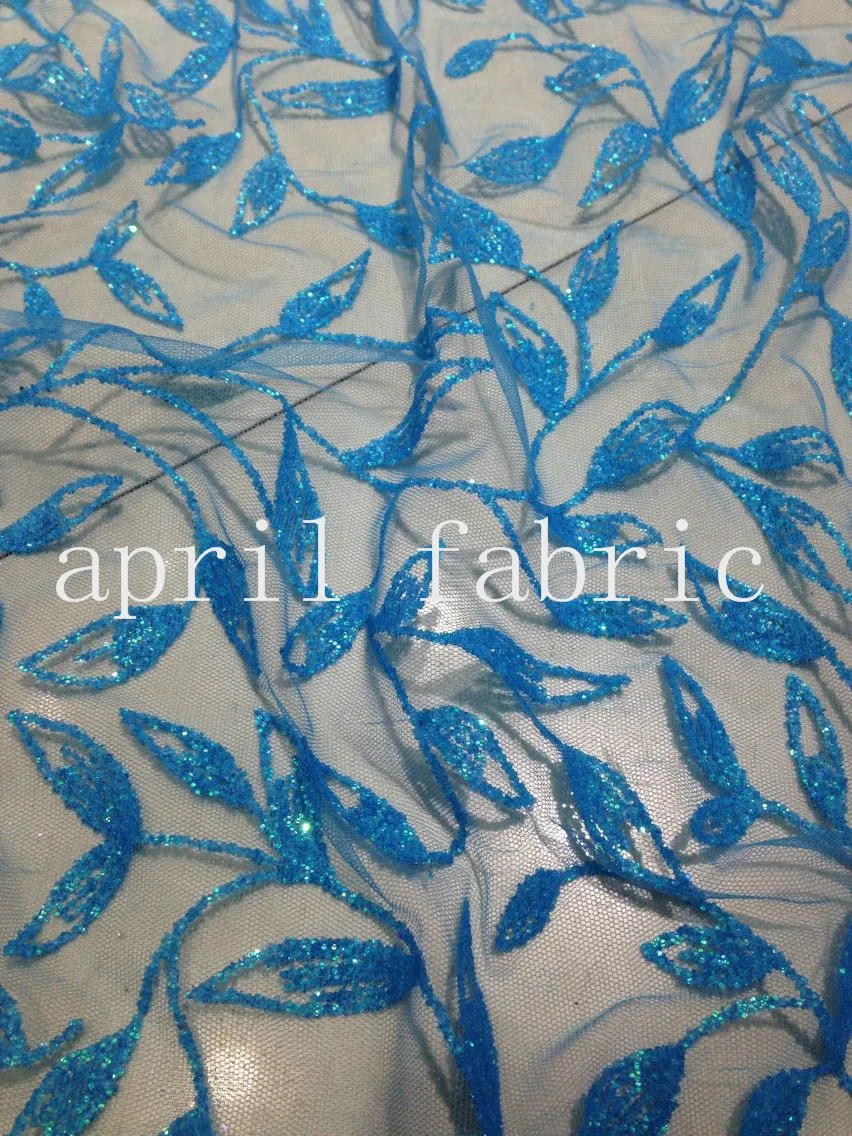 5yards HLL066 blue leaf  glitter hand print african india mesh fabric for wedding/evening dress  fast shipping by dhl !