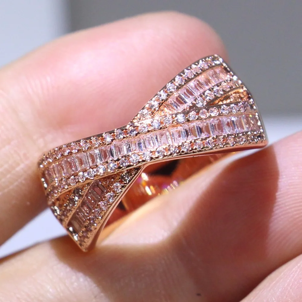 

Lots of Stock Stunning Luxury Jewelry 925 Sterling Silver&Rose Gold Fill Princess Cut Pave 5A CZ Women Wedding Cross Band Ring