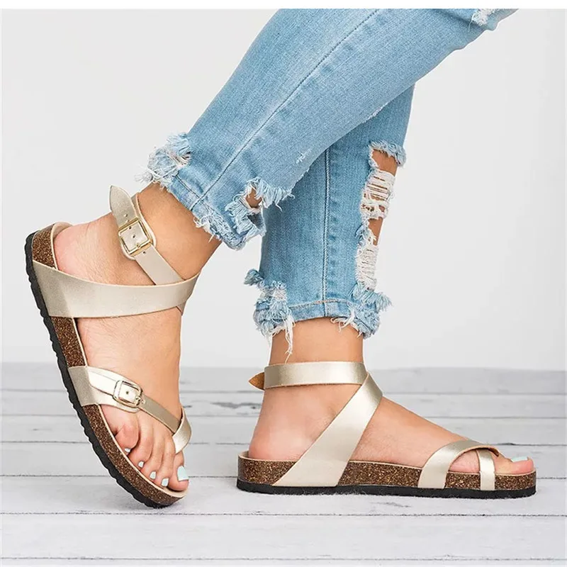 Summer Women Thong Sandals Gladiator Cross Ankle Strap Sandals Platform Metal Buckle Flats Ladies Beach Shoes Plus Size