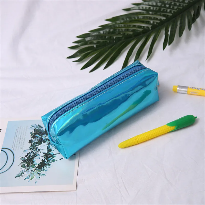 Fashion Holographic Laser Metallic Color Pu Leather Pencil Case Purse Cosmetics Storage Pen Bag School Office Supply Pencilcase