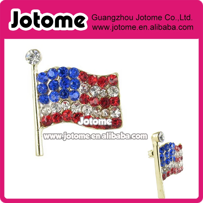 2.2 x 1.9 cm Small Gold American Flag Brooch Pin - Red, Clear, and Royal Blue Crystals