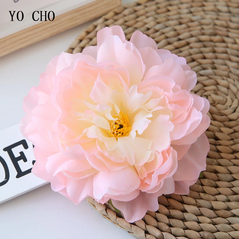 YO CHO Artificial Flower Large Peony Heads 15CM Fake Yellow Peonies Silk Craft Fabric Flower Wedding Garden Home Gift Decoration