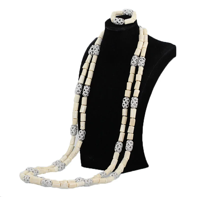 

Real Coral Bead Necklace Bracelet Set 54inches Long White Coral Beads Necklace Set Quality Men Wedding Jewelry for Men ABH781