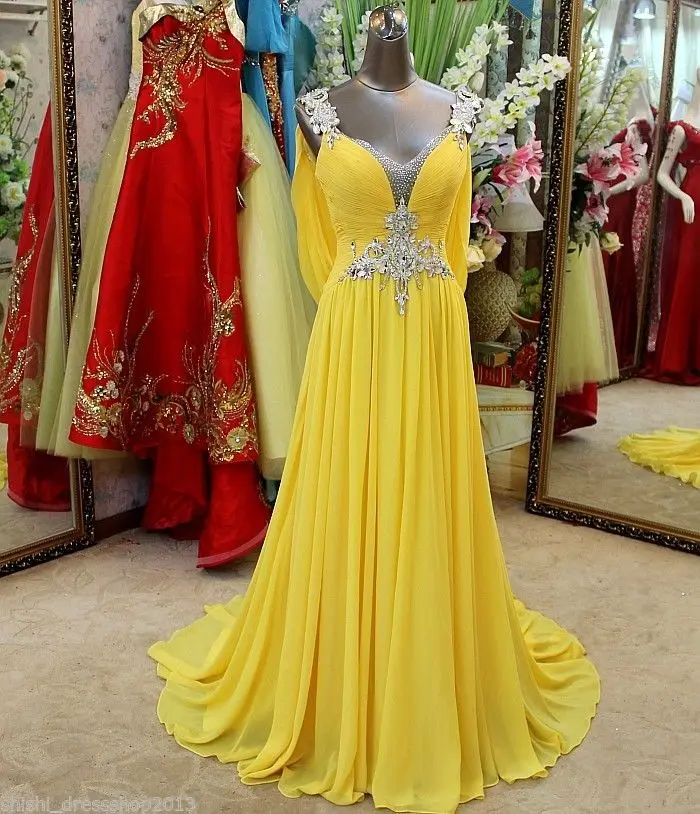 Soriee-Robe longue en mousseline de soie jaune, col en V, biscuits, perles, dos ouvert, train, robe de soirée formelle, 2024