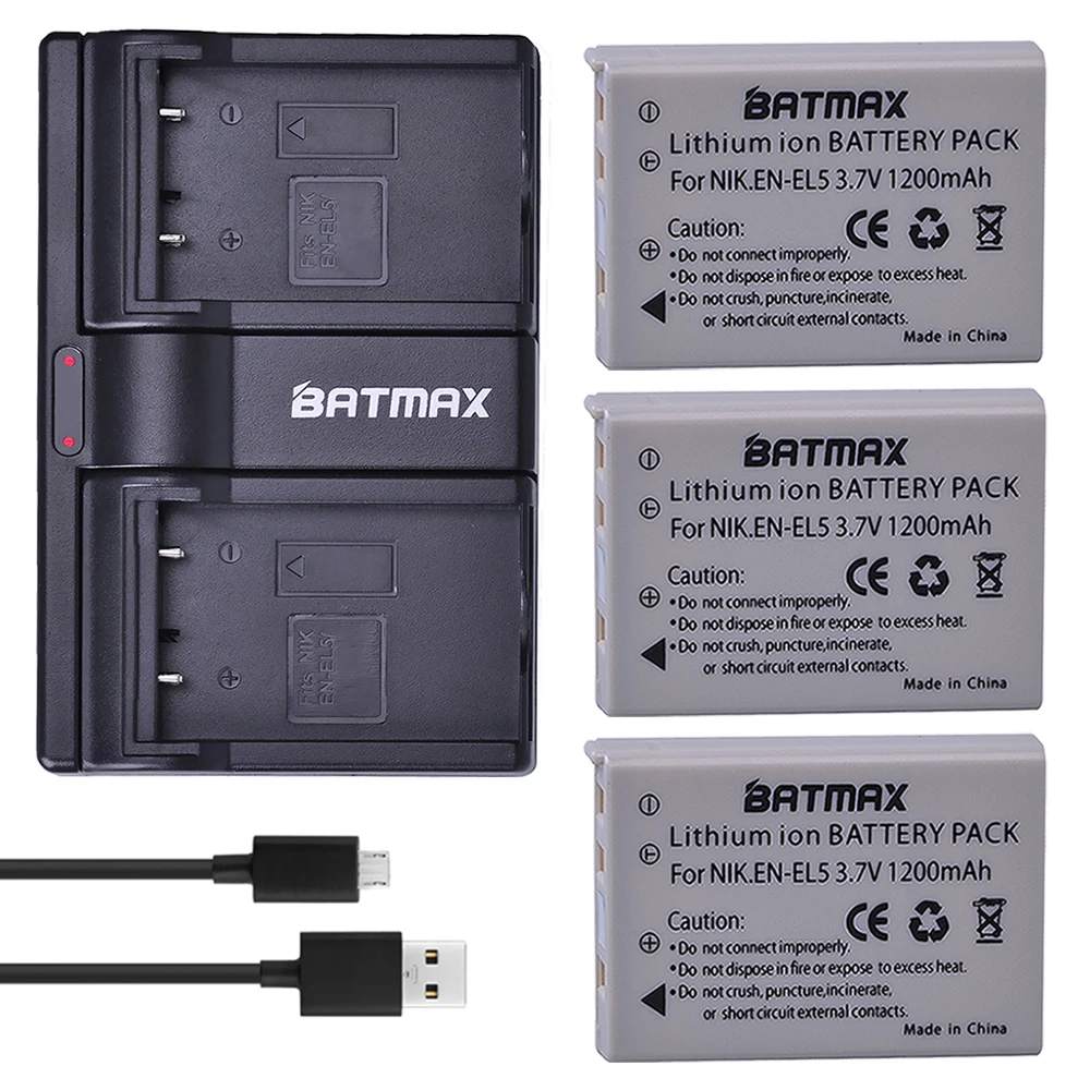 Batmax-batería recargable de iones de litio para cámara Nikon, Cargador USB Dual para cámara Coolpix P80 P90 P100 P500 P510 P520, 3 piezas EN EL5 EL5