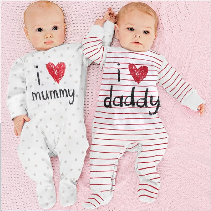 

100% Cotton Baby Boys Girls Rompers I Love Daddy Mummy Long Stripe Newborn One-Piece Pajamas Overall Shirts Tights Jumpsuits