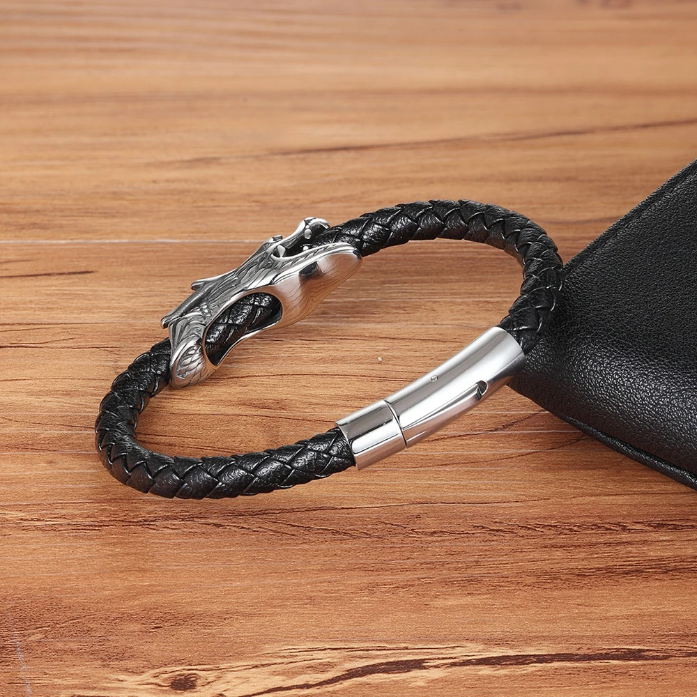 TYO 19/21CM Retro Chinese Symbol Dragon Pattern Genuine Leather Bracelet with Magnet Clasp Men Jewelry Birthday Party Gift