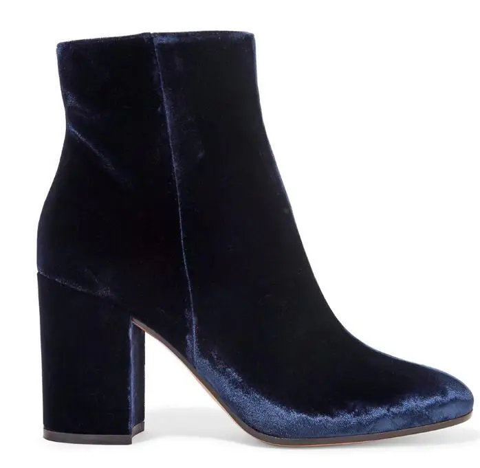 Velvet Round Toe Lady Sexy Ankle Booties Autumn Winter Square Heels Woman Fashion Short Boots Blue Green High Heels Shoes Size45