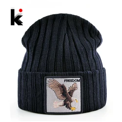 Knitted SKullies Beanies Men Hip Hop Solid Hat With Embroidery Eagle Patch Double Layer Knit Bonnet Women Streetwear Kpop Gorras