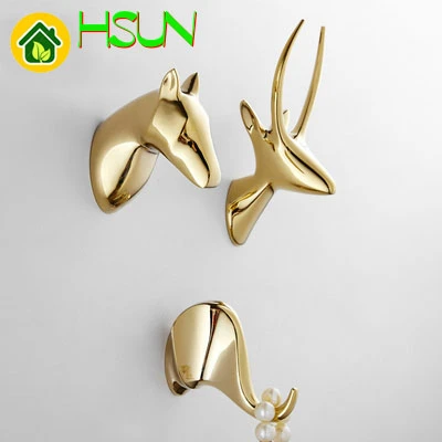 Pure Copper Animal Hook Brass Originality Antler Punch Clothes Hook Deer Elephant Horse Gold Black White Hallway Wall Coat Hook