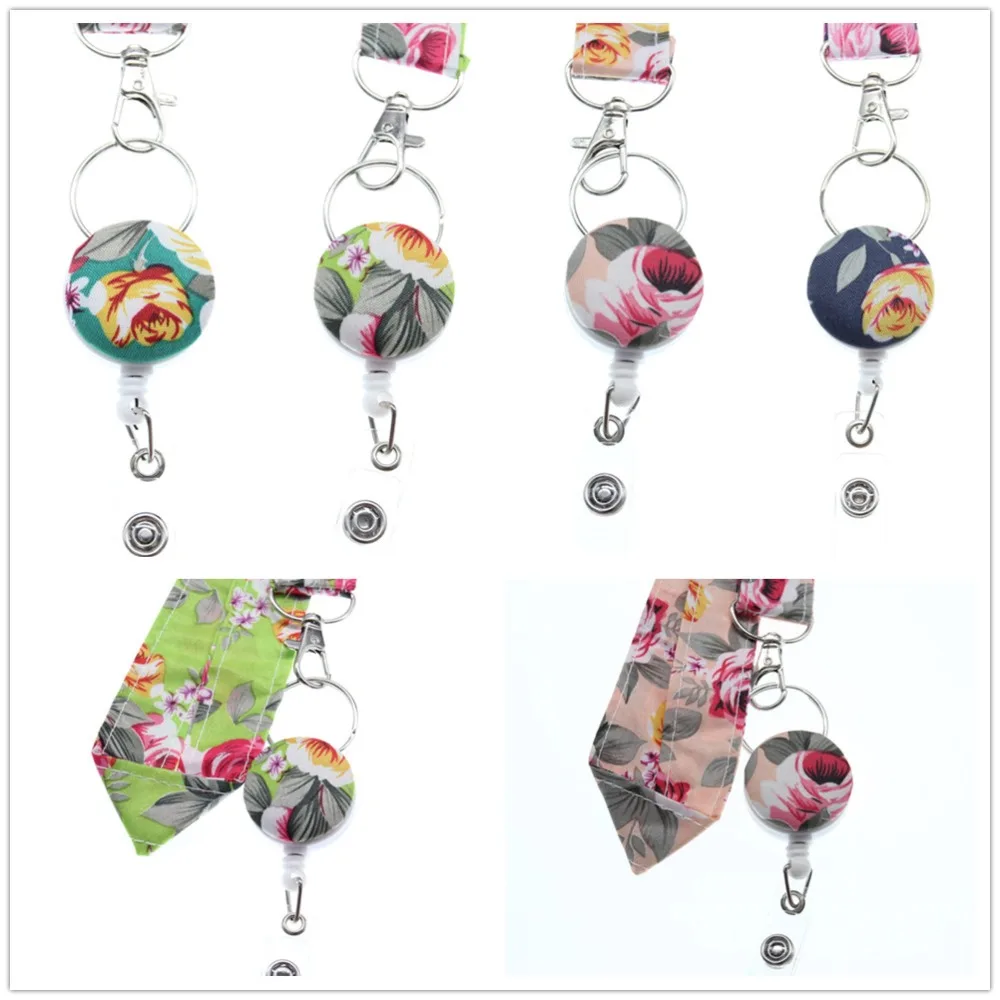 10 pieces/lot free shipping Wholesale Lanyard with Cloth flower Retractable ID Badge Holder Reel