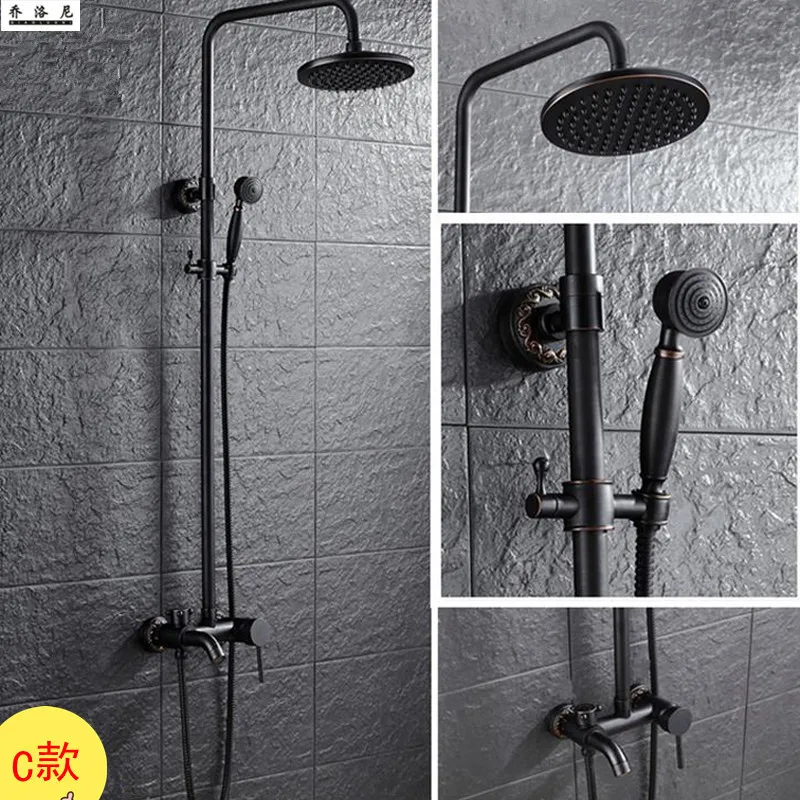 

Black ancient shower copper hot and cold water mixing valve rain shower set thermostatic lifting rotary shower set