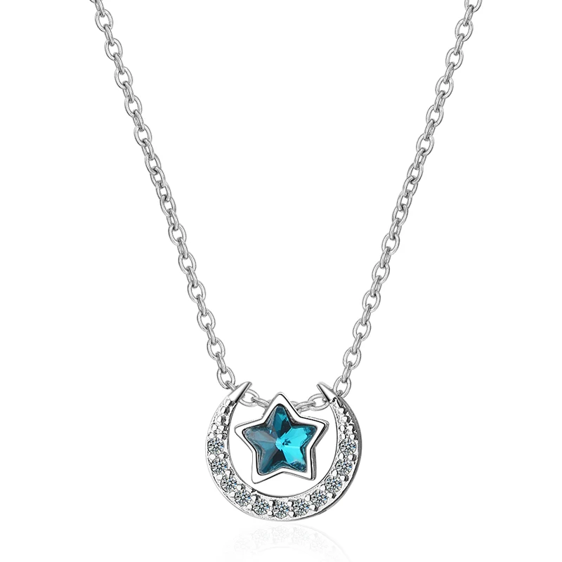 KOFSAC New Charm Silver 925 Chain Necklace Luxury Blue Crystal Star Micro-Inlay CZ Moon Pendant Necklaces For Women Jewelry Gift