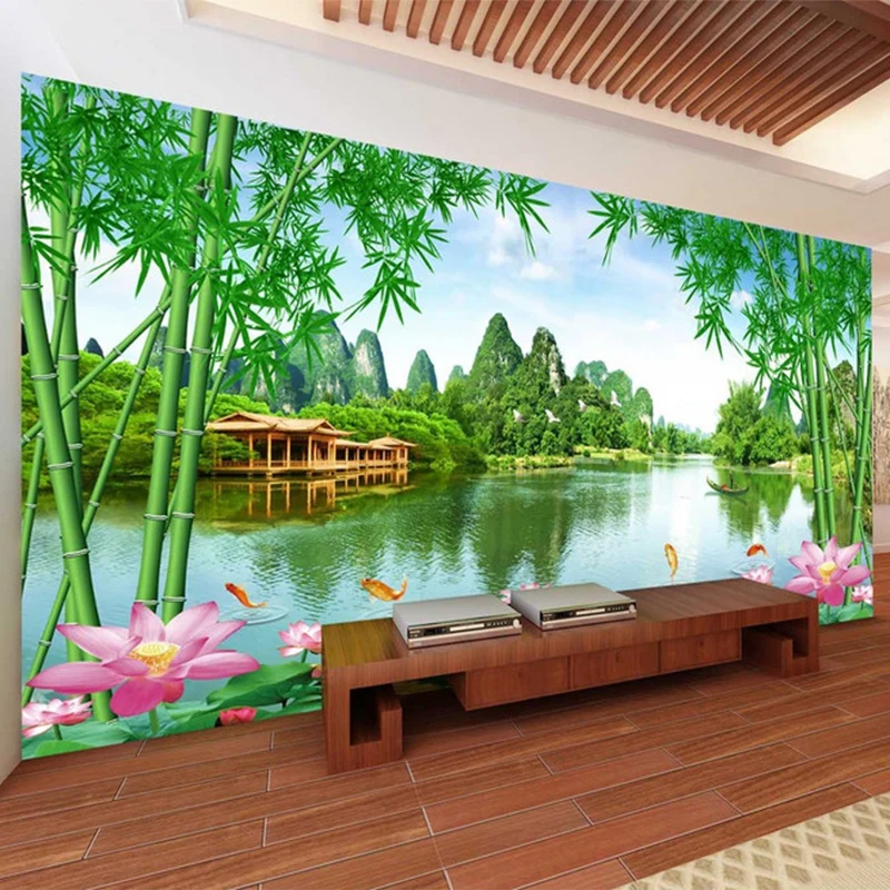 Custom Foto Tapete 3D Bambus Lotus Natur Landschaft Wandmalereien Wohnzimmer TV Sofa Hintergrund Wand Dekor Papel De Parede 3 D Sala