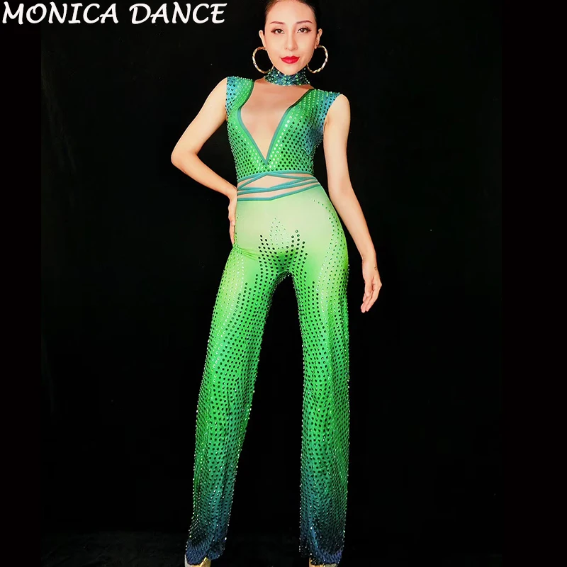 Women Sexy Sparkly Green Rhinestones Jumpsuit Evening Costume Women's Birthday Outfit Female Singer Stage Stretch Dance Bodysuit