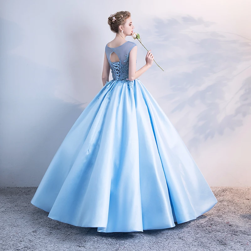 JaneVini الساحرة السماء الأزرق منتفخ Quinceanera فساتين زائد حجم الكرة ثوب 2019 سكوب الرقبة الحرير يزين مطرز الحلو 16 اللباس