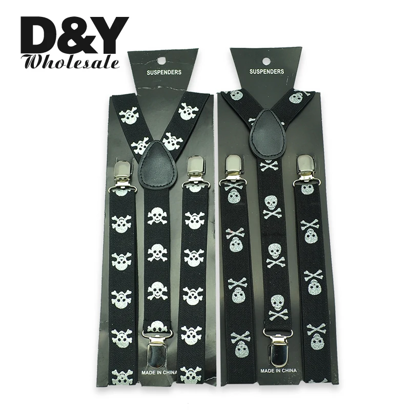 ผู้หญิงผู้ชาย Unisex Clip-on Braces Elastic Slim Suspender กว้าง 1 นิ้ว "2 เงา Skull" ผสมโพลีเอสเตอร์ Y-Back Suspenders