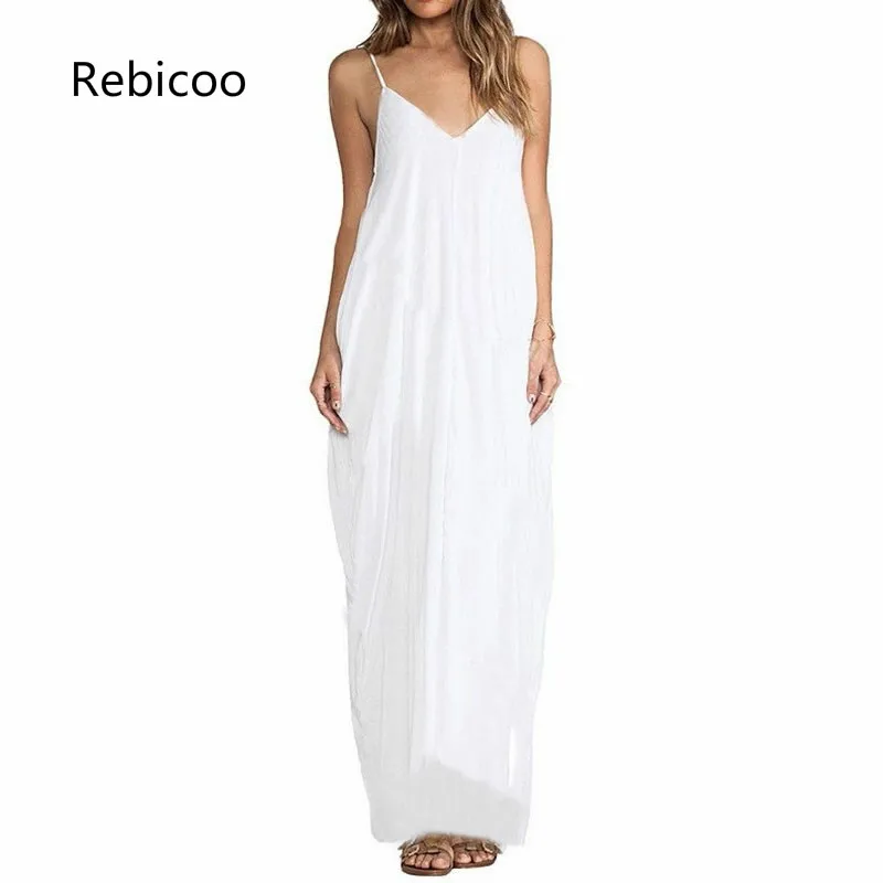 Lato Vestidos kobiety sukienka Boho bez ramiączek v-neck bez rękawów w stylu Baggy, długa Maxi sukienki seksowna letnia sukienka plażowa szata Femme