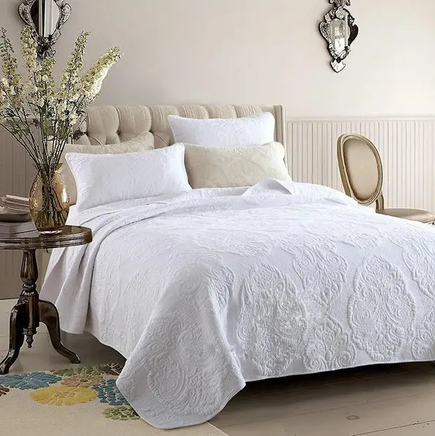 White High Quality Europe American Cotton Embroidery Quilting Quilts BedCover Sets Cool Waterwashed BedSheet Bedspread Coverlet