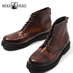 New Vintage Men  Boots Genuine Leather British Lace Up Round Toe Ankle Shoes Quality Black Brown Work Safety Booties