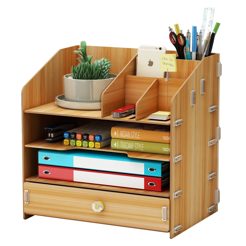 Desktop Stationery Organizer Office Supplies Drawer Storage Box Creative Bookshelf Wooden  Document Rack