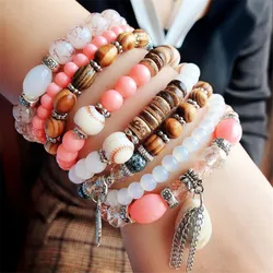 DIEZI Ethnic Tassel Crystal Beads Bracelets for Women Girls Gift Elastic Rope Shell Leaves Charm Wrap Bracelet pulseira feminina
