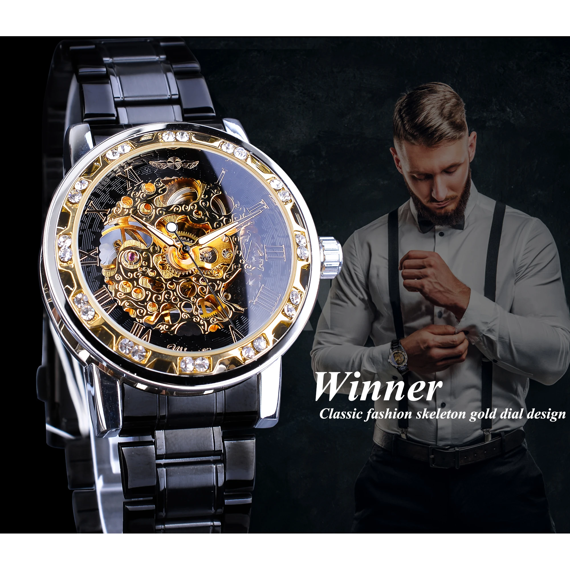 Winner Mens Watches Luxury Rhinestone Roman Black Stainless Steel Band Business Mechanical Watch Sports Clock Relogio Masculino