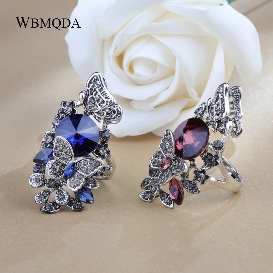 Wbmqda Hot Purple Stone Butterfly Rings For Women Fashion Antique Silver Color Wedding Jewelry Big Rhinestone Ring Party Gift