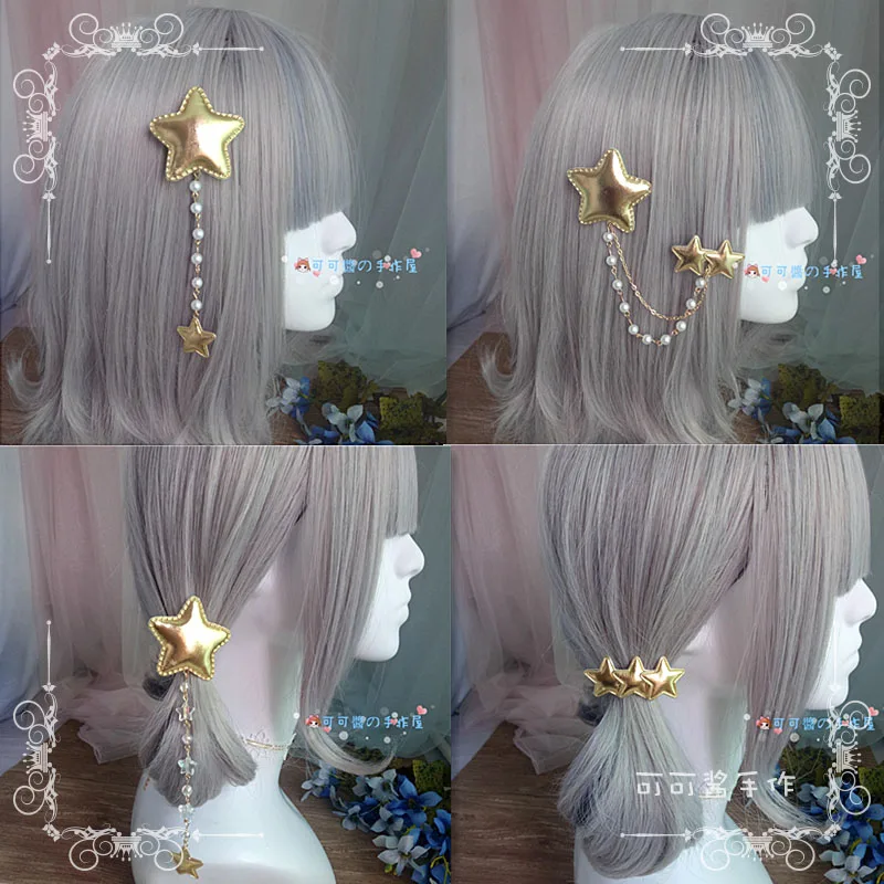 Lolita soft sweet sweet japanese girl heart trim clip star beaded chain hair ring rope bod goth-lily