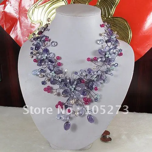 Stunning! Multicolor Crystal & pearl&Amethysts Fashion Women's Jewellery Beautiful Flower Necklace Hot Sale Free Shipping A2638