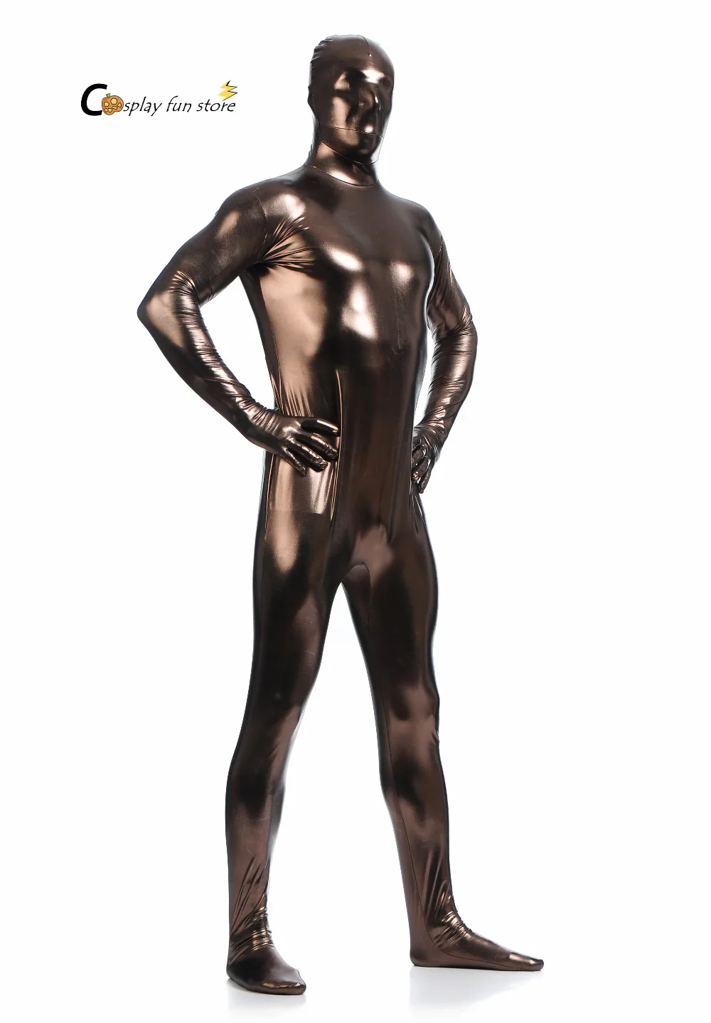 Gratis Verzending Bodysuit Metallic Glanzend Bruin Mens Unitard Catsuits Metallic Voet Rits Zentai Bodysuit Kan Worden Aangepast