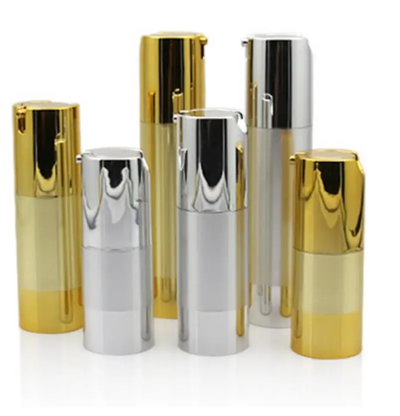 

15ml 30ml 50ml Gold/silver Empty Cosmetic Airless Bottle Portable Refillable Pump Dispenser Bottles For Travel Lotion