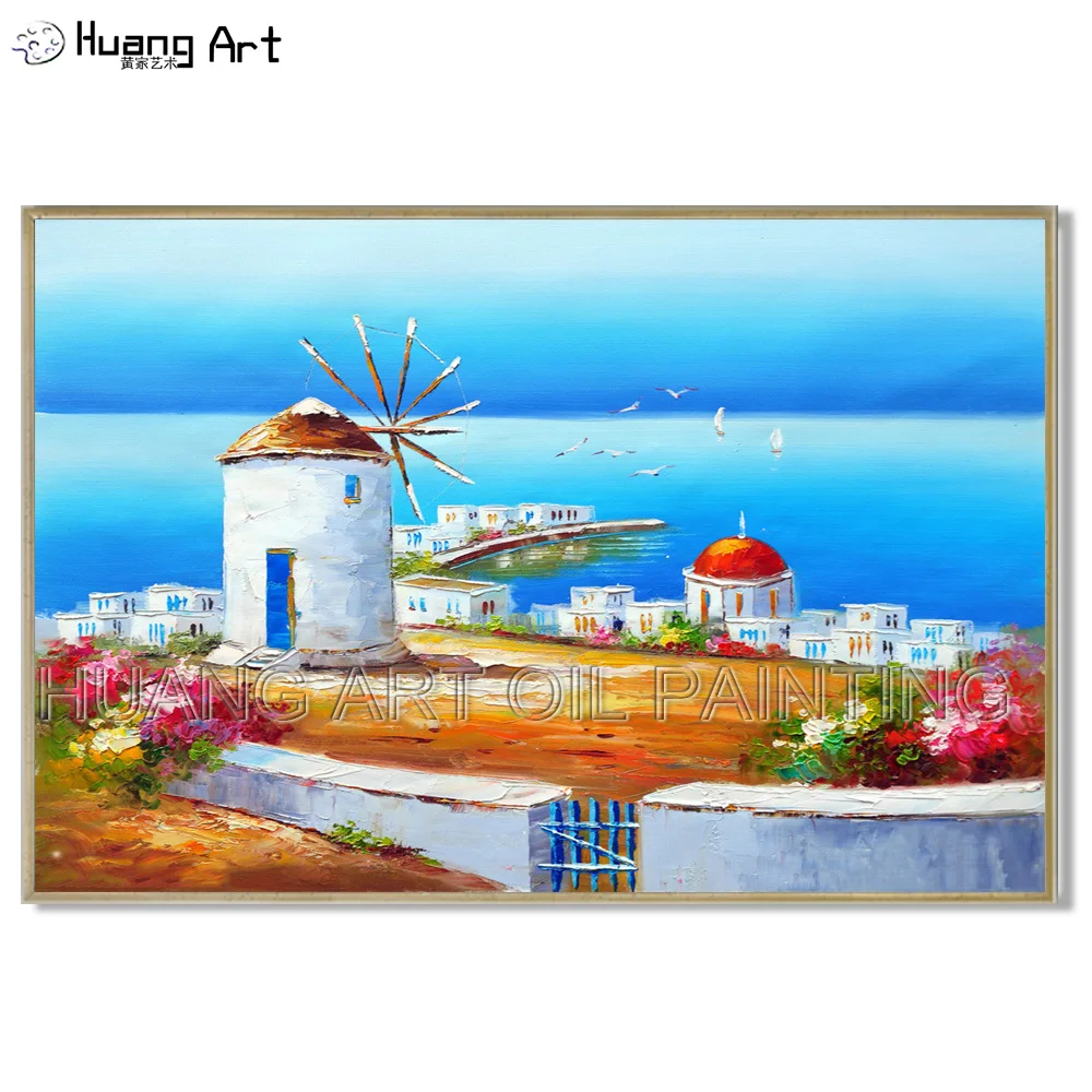 New Style Hand-painted High Quality Greek Aegean Sea Landscape Oil Painting White Building Landscape Oil Painting for Room Decor