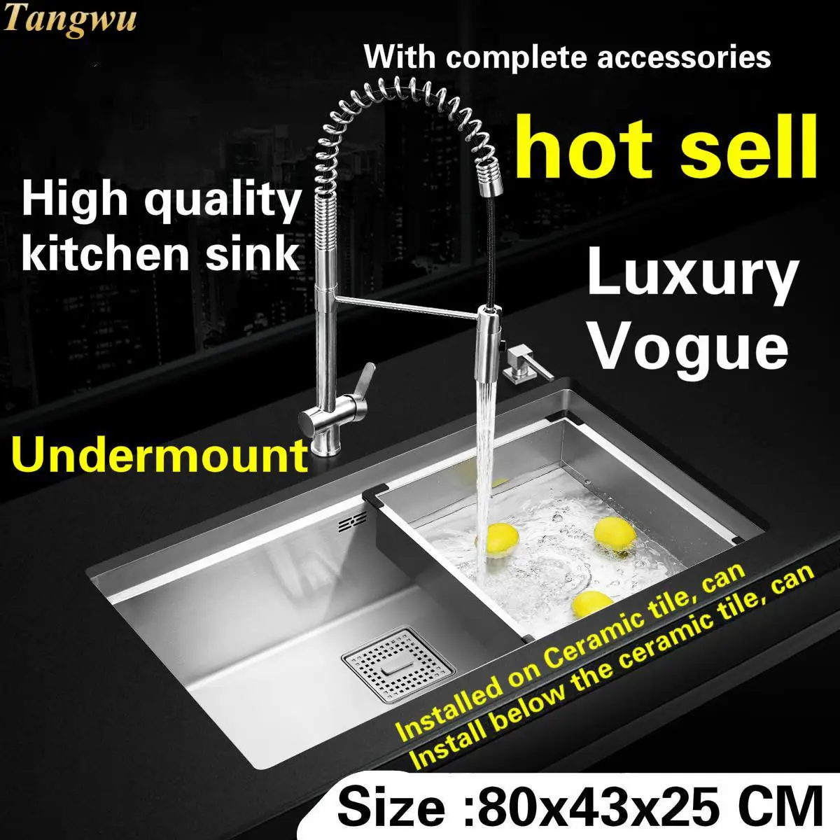 

Tangwu Apartment high-grade large kitchen sink thick food-grade 304 stainless steel durable manual single slot 800x430x250 mm