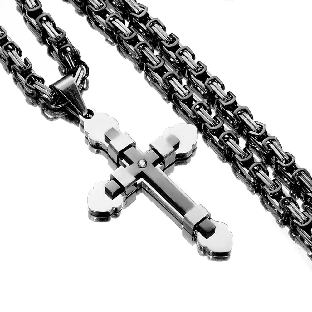 Polished Cross Pendant Necklace for Men Women Stainless Steel Silver Color Gold Black Color With 5mm Byzantine Chain Jewelry