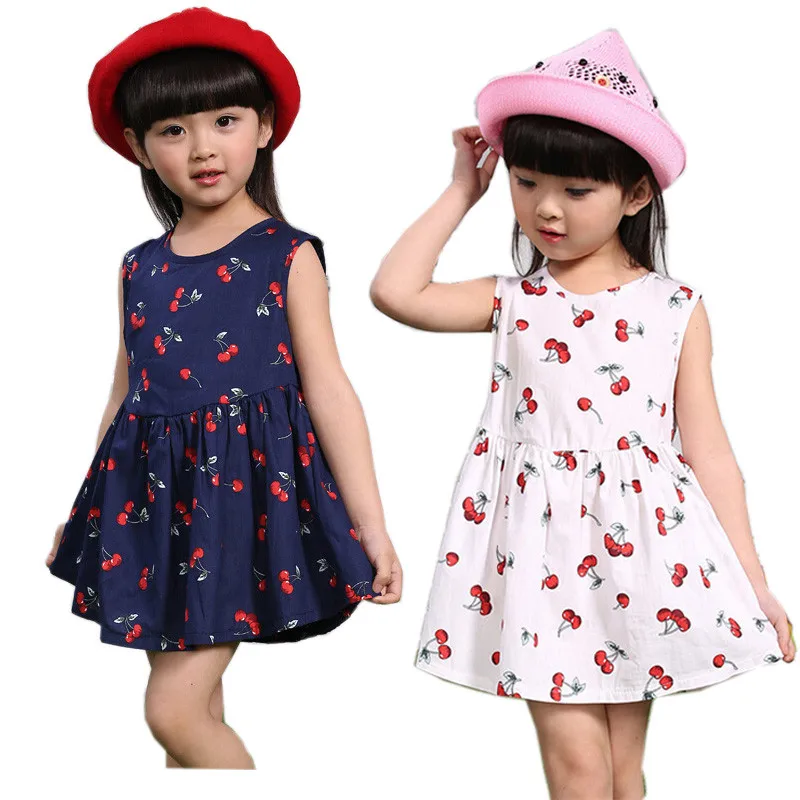 Retail 3-10 years dress printed sleeveless small cherry kids children summer